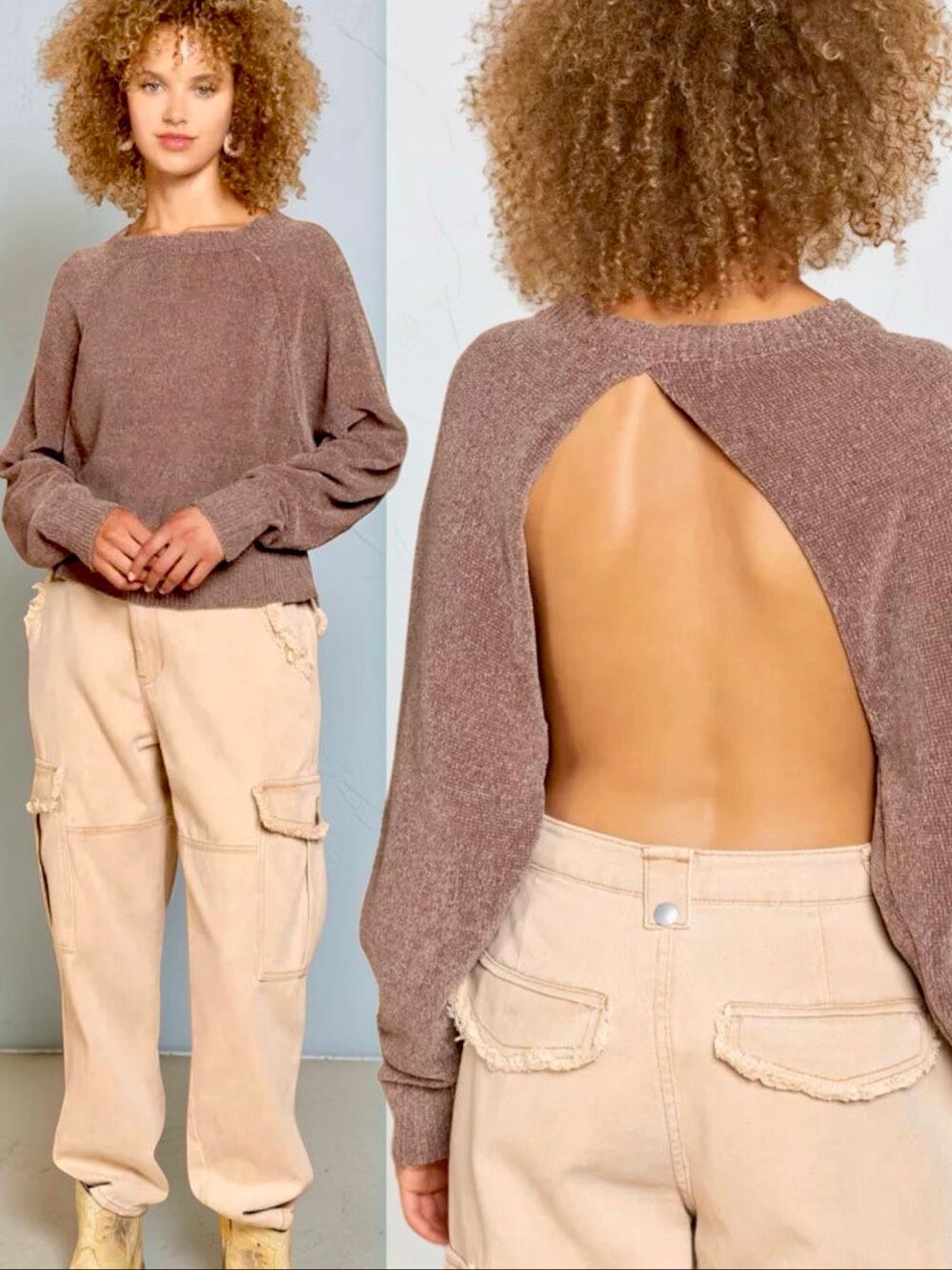 POL Chocolate Brown Open Back Sweater Backless Lightweight Soft Knit Pullover